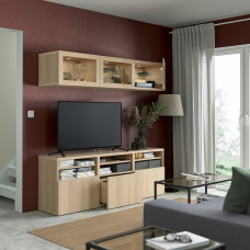 Доставка из Польши ⭐⭐⭐⭐⭐ BESTA kombinacja na TV/szklane drzwi, dab bejcowany na bialo/Lappviken dab bejcowany bialo szk bezbarwne, 180x42x192 cm,ИКЕА-29407198, Евро Икеа Калининград