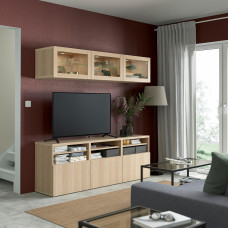 Доставка из Польши ⭐⭐⭐⭐⭐ BESTA kombinacja na TV/szklane drzwi, dab bejcowany na bialo/Lappviken dab bejcowany bialo szk bezbarwne, 180x42x192 cm,ИКЕА-29407198, Евро Икеа Калининград