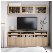 Доставка из Польши ⭐⭐⭐⭐⭐ BESTA kombinacja na TV/szklane drzwi, dab bejcowany na bialo/Lappviken dab bejcowany bialo szk bezbarwne, 180x42x192 cm,ИКЕА-29407198, Евро Икеа Калининград