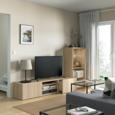 Доставка из Польши ⭐⭐⭐⭐⭐ BESTA kombinacja na TV/szklane drzwi, dab bejcowany na bialo/Lappviken dab bejcowany bialo szk bezbarwne, 240x42x129 cm,ИКЕА-69406286, Евро Икеа Калининград