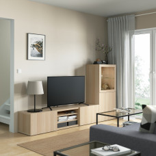 Доставка из Польши ⭐⭐⭐⭐⭐ BESTA kombinacja na TV/szklane drzwi, dab bejcowany na bialo/Lappviken dab bejcowany bialo szk bezbarwne, 240x42x129 cm,ИКЕА-69406286, Евро Икеа Калининград