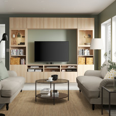 Доставка из Польши ⭐⭐⭐⭐⭐ BESTA kombinacja na TV/szklane drzwi, dab bejcowany na bialo/Lappviken dab bejcowany bialo szk bezbarwne, 300x42x231 cm,ИКЕА-39411010, Евро Икеа Калининград