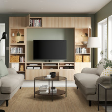 Доставка из Польши ⭐⭐⭐⭐⭐ BESTA kombinacja na TV/szklane drzwi, dab bejcowany na bialo/Lappviken dab bejcowany bialo szk bezbarwne, 300x42x231 cm,ИКЕА-59411014, Евро Икеа Калининград