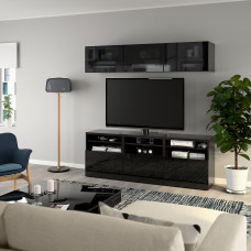 Доставка из Польши ⭐⭐⭐⭐⭐ BESTA kombinacja na TV/szklane drzwi, czarnybraz/Selsviken wysoki polysk/czarny dymione szklo, 180x42x192 cm,ИКЕА-49407215, Евро Икеа Калининград