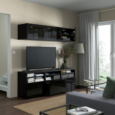 Доставка из Польши ⭐⭐⭐⭐⭐ BESTA kombinacja na TV/szklane drzwi, czarnybraz/Selsviken wysoki polysk/czarny dymione szklo, 180x42x192 cm,ИКЕА-79407209, Евро Икеа Калининград