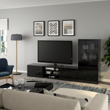 Доставка из Польши ⭐⭐⭐⭐⭐ BESTA kombinacja na TV/szklane drzwi, czarnybraz/Selsviken wysoki polysk/czarny dymione szklo, 240x42x129 cm,ИКЕА-49406305, Евро Икеа Калининград