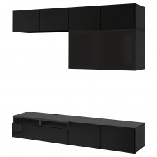 Доставка из Польши ⭐⭐⭐⭐⭐ BESTA kombinacja na TV/szklane drzwi, czarnybraz/Selsviken wysoki polysk/czarny dymione szklo, 240x42x231 cm,ИКЕА-19412237, Евро Икеа Калининград