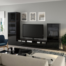 Доставка из Польши ⭐⭐⭐⭐⭐ BESTA kombinacja na TV/szklane drzwi, czarnybraz/Selsviken wysoki polysk/czarny dymione szklo, 300x42x193 cm,ИКЕА-29330788, Евро Икеа Калининград