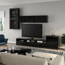 Доставка из Польши ⭐⭐⭐⭐⭐ BESTA kombinacja na TV/szklane drzwi, czarnybraz/Selsviken wysoki polysk/czarny dymione szklo, 300x42x211 cm,ИКЕА-69406719, Евро Икеа Калининград