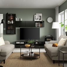 Доставка из Польши ⭐⭐⭐⭐⭐ BESTA kombinacja na TV/szklane drzwi, czarnybraz/Selsviken wysoki polysk/czarny dymione szklo, 300x42x211 cm,ИКЕА-69406719, Евро Икеа Калининград