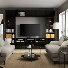 Доставка из Польши ⭐⭐⭐⭐⭐ BESTA kombinacja na TV/szklane drzwi, czarnybraz/Selsviken wysoki polysk/czarny dymione szklo, 300x42x231 cm,ИКЕА-99411026, Евро Икеа Калининград