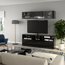 Доставка из Польши ⭐⭐⭐⭐⭐ BESTA kombinacja na TV/szklane drzwi, czarnybraz/Selsviken polysk/czarne przezroczyste szklo, 180x42x192 cm,ИКЕА-99407208, Евро Икеа Калининград
