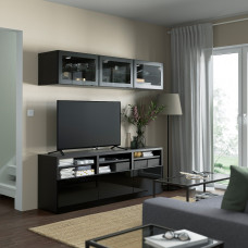 Доставка из Польши ⭐⭐⭐⭐⭐ BESTA kombinacja na TV/szklane drzwi, czarnybraz/Selsviken polysk/czarne przezroczyste szklo, 180x42x192 cm,ИКЕА-99407208, Евро Икеа Калининград