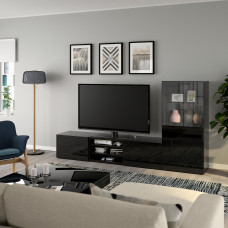 Доставка из Польши ⭐⭐⭐⭐⭐ BESTA kombinacja na TV/szklane drzwi, czarnybraz/Selsviken polysk/czarne przezroczyste szklo, 240x42x129 cm,ИКЕА-19406302, Евро Икеа Калининград
