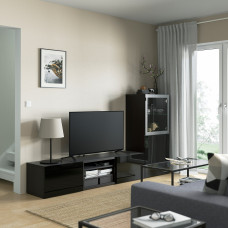 Доставка из Польши ⭐⭐⭐⭐⭐ BESTA kombinacja na TV/szklane drzwi, czarnybraz/Selsviken polysk/czarne przezroczyste szklo, 240x42x129 cm,ИКЕА-19329460, Евро Икеа Калининград