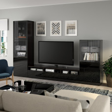 Доставка из Польши ⭐⭐⭐⭐⭐ BESTA kombinacja na TV/szklane drzwi, czarnybraz/Selsviken polysk/czarne przezroczyste szklo, 300x42x193 cm,ИКЕА-79406380, Евро Икеа Калининград
