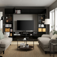 Доставка из Польши ⭐⭐⭐⭐⭐ BESTA kombinacja na TV/szklane drzwi, czarnybraz/Selsviken polysk/czarne przezroczyste szklo, 300x42x231 cm,ИКЕА-19411025, Евро Икеа Калининград