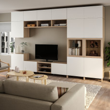 Доставка из Польши ⭐⭐⭐⭐⭐ BESTA kombinacja na TV/szklane drzwi, okleina debowa bejcowana na bialo Lappviken/Sindvik szklo bezbarwne, 360x42x240 cm,ИКЕА-39476822, Евро Икеа Калининград