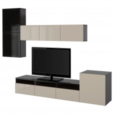 Доставка из Польши ⭐⭐⭐⭐⭐ BESTA kombinacja na TV/szklane drzwi, czarnybraz/Selsviken wysoki polysk/bez przydymione szklo, 300x42x211 cm,ИКЕА-09406717, Евро Икеа Калининград