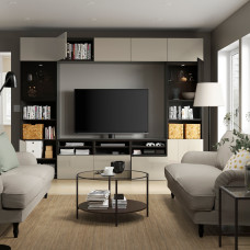 Доставка из Польши ⭐⭐⭐⭐⭐ BESTA kombinacja na TV/szklane drzwi, czarnybraz/Selsviken wysoki polysk/bez przydymione szklo, 300x42x231 cm,ИКЕА-19411030, Евро Икеа Калининград