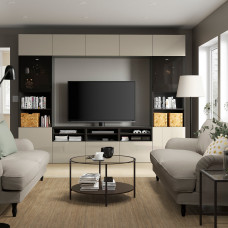 Доставка из Польши ⭐⭐⭐⭐⭐ BESTA kombinacja na TV/szklane drzwi, czarnybraz/Selsviken wysoki polysk/bez przydymione szklo, 300x42x231 cm,ИКЕА-19411030, Евро Икеа Калининград
