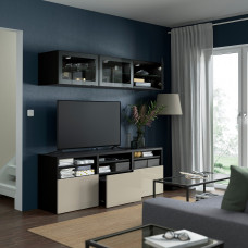 Доставка из Польши ⭐⭐⭐⭐⭐ BESTA kombinacja na TV/szklane drzwi, czarnybraz/Selsviken wysoki polysk/ bez szklo bezbarwne, 180x42x192 cm,ИКЕА-19407212, Евро Икеа Калининград