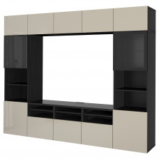 Доставка из Польши ⭐⭐⭐⭐⭐ BESTA kombinacja na TV/szklane drzwi, czarnybraz/Selsviken wysoki polysk/ bez szklo bezbarwne, 300x42x231 cm,ИКЕА-69411023, Евро Икеа Калининград