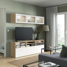 Доставка из Польши ⭐⭐⭐⭐⭐ BESTA kombinacja na TV/szklane drzwi, dab bejcowany na bialo/Selsviken wysoki polysk bialy szklo matowe, 180x42x192 cm,ИКЕА-69488791, Евро Икеа Калининград