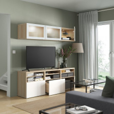 Доставка из Польши ⭐⭐⭐⭐⭐ BESTA kombinacja na TV/szklane drzwi, dab bejcowany na bialo/Selsviken wysoki polysk bialy szklo matowe, 180x42x192 cm,ИКЕА-69488791, Евро Икеа Калининград