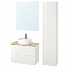 Доставка из Польши GODMORGON/TOLKEN / TORNVIKEN Мебель для ванной комнаты, набор из 6 предметов, смеситель Dalskar из глянцевого белого/бамбукового дерева, 8
